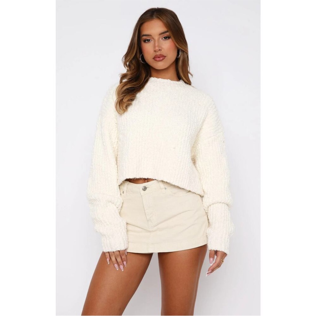 White Fox Leave Home Without Me Cropped Knit Sweater L/Xl Cream